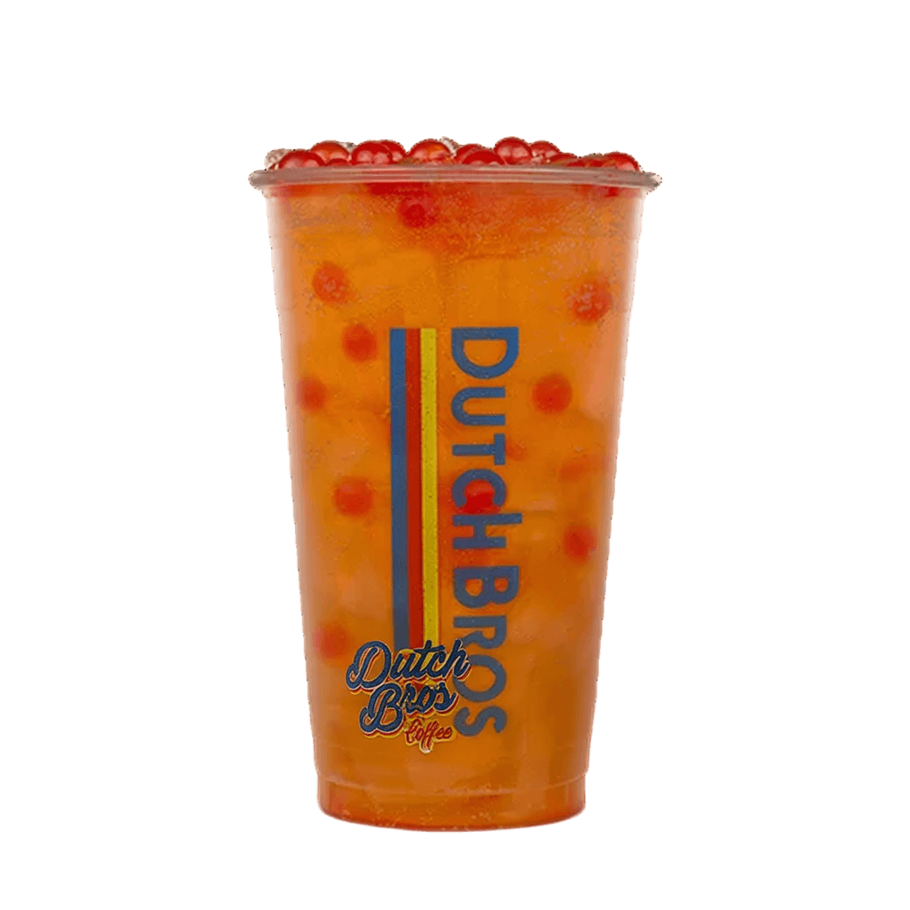 Dutch Bros iced Poppin Boba Fire Lizard Rebel with banana orange strawberry and strawberry boba