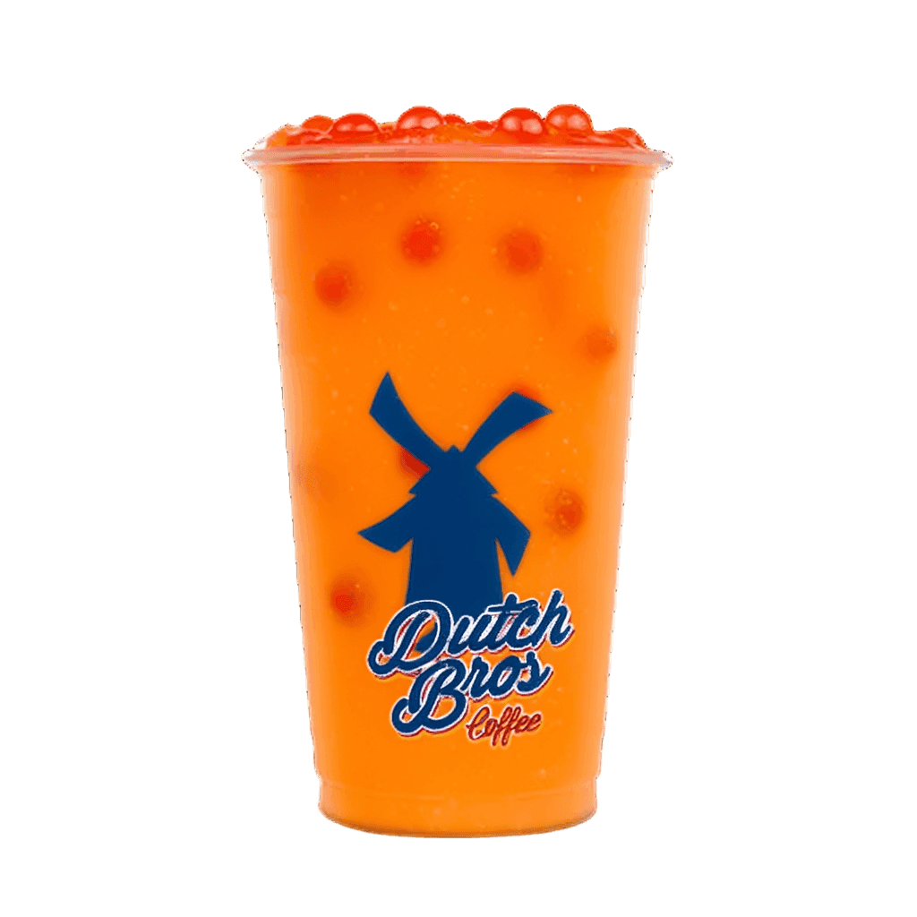 Dutch Bros rebel blended Poppin Boba Fire Lizard Rebel with banana orange strawberry and strawberry boba