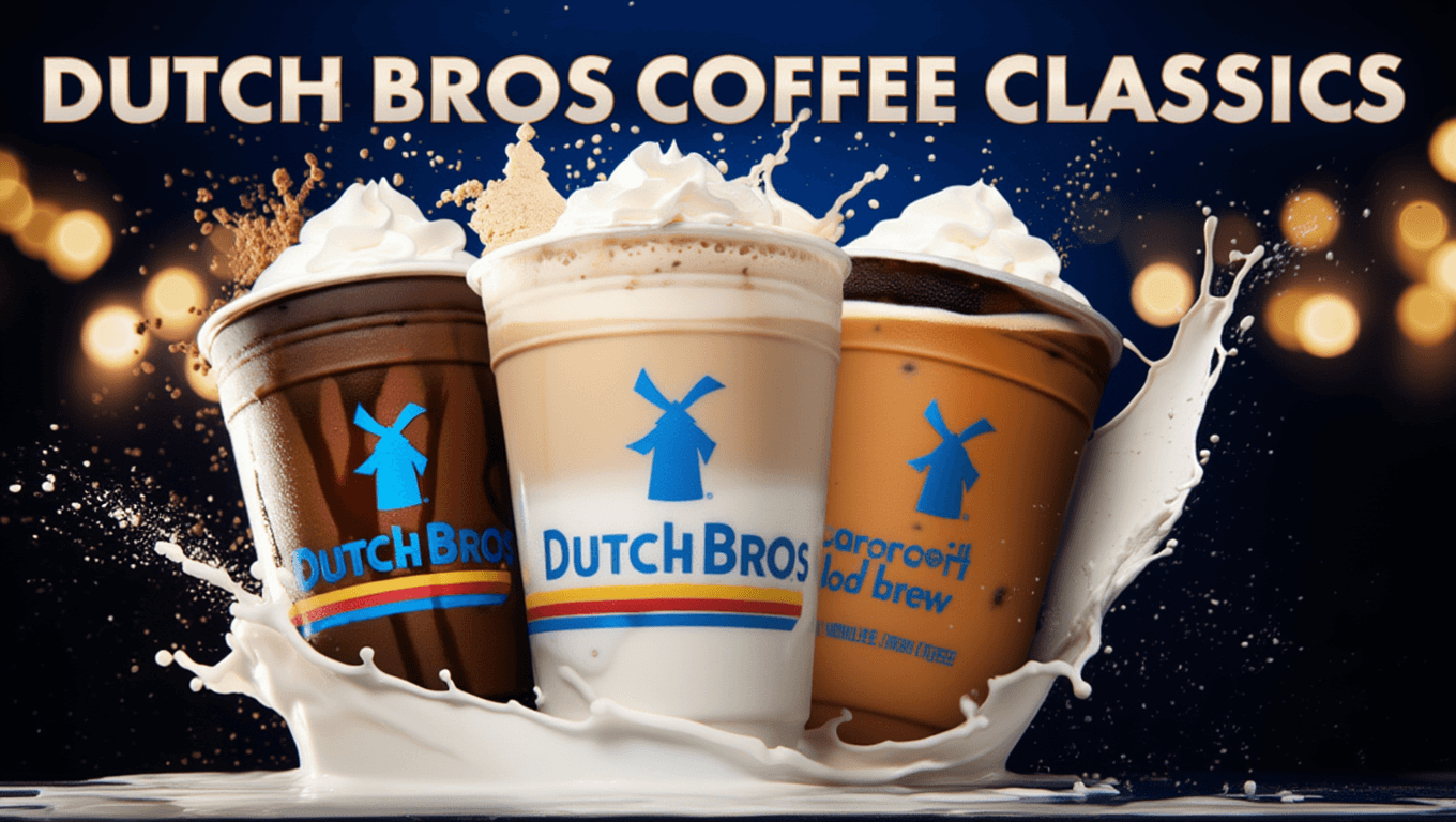 Dutch Bros coffee classics menu featuring hot and iced latte mocha cold brew nitro americano drinks