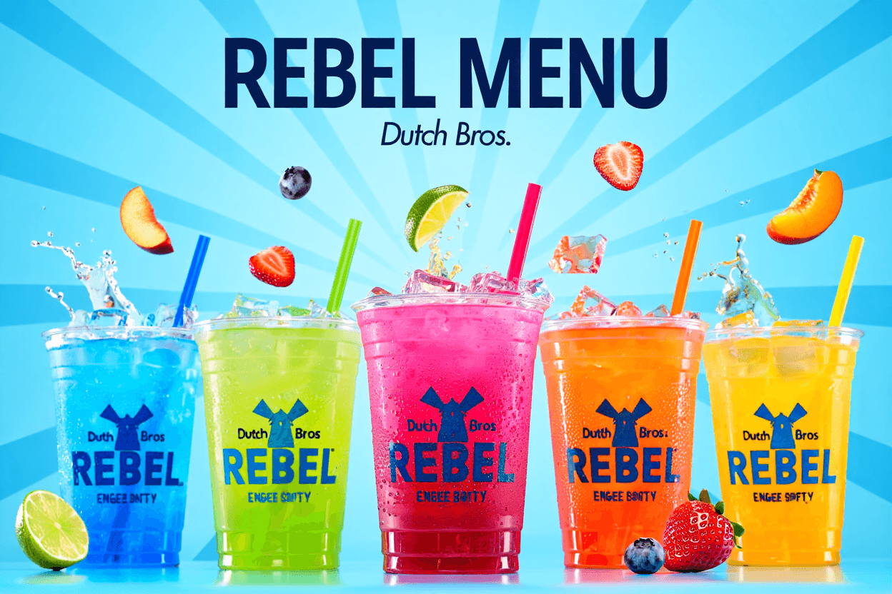 Dutch Bros Rebel menu featuring iced and blended energy drinks with fruity flavors and popular menu options
