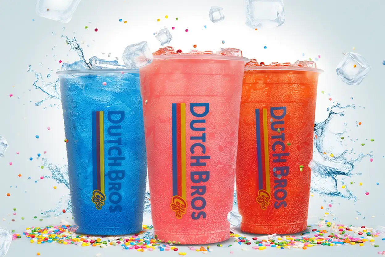 56 Secret Dutch Bros Sparkling Soda Drinks 1 Dutch Bros sparkling soda menu featuring Electric Berry, Double Rainbro, OG Gummy Bear, Strawberry, Blue Raspberry, and Watermelon drinks – colorful fizzy beverages served over ice in cups